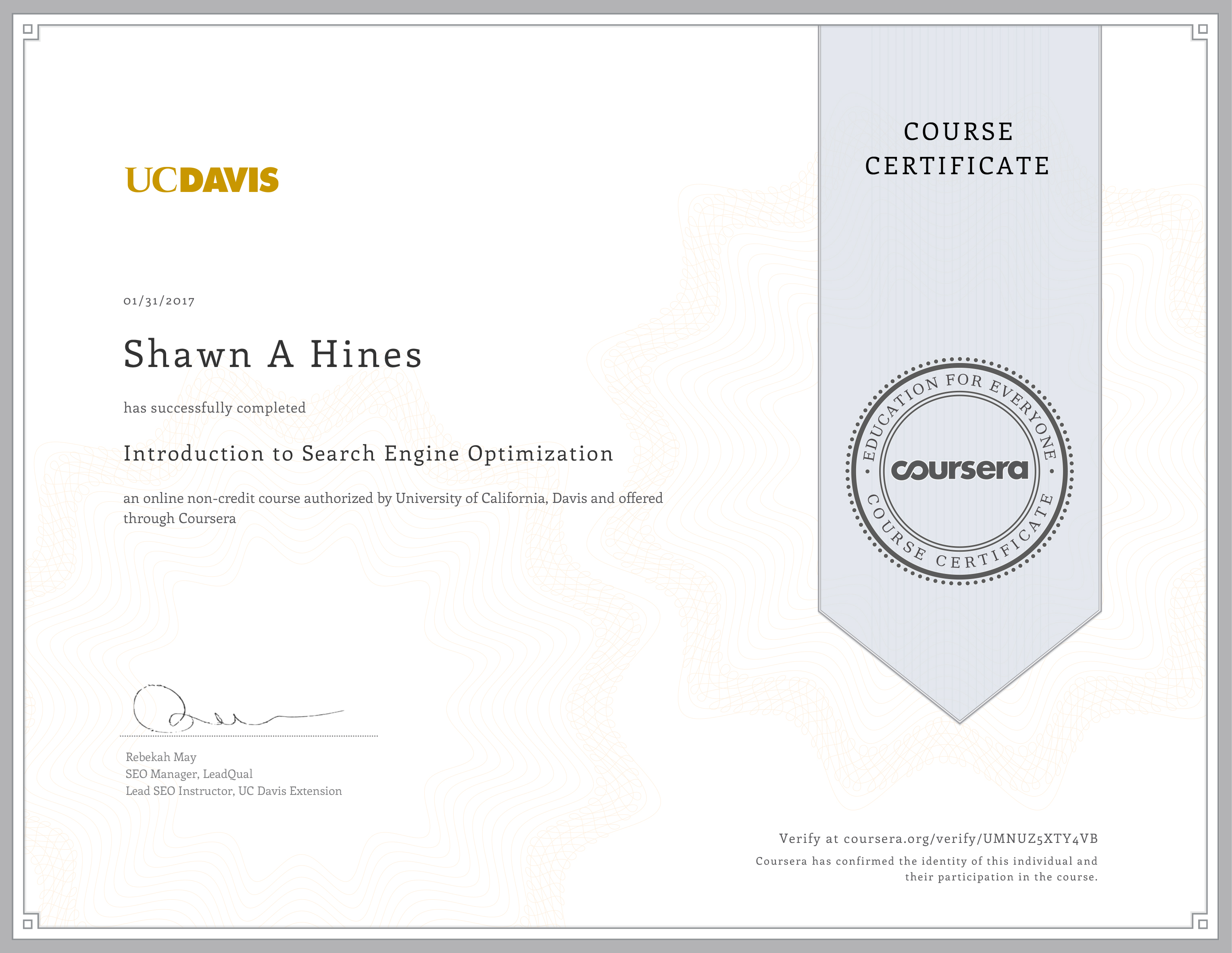 Introduction to SEO - UC-Davis Extension on Coursera