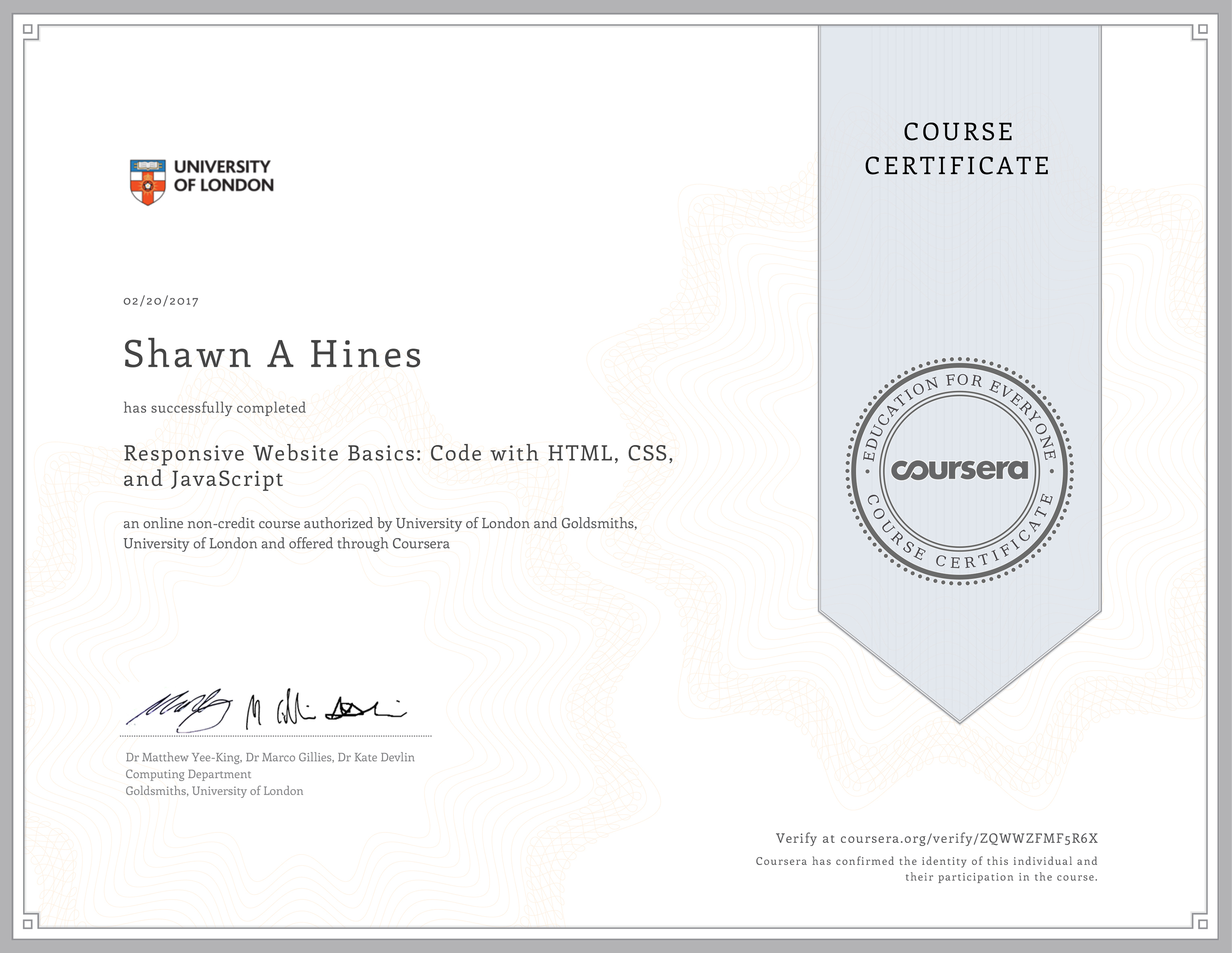 HTML, CSS, and JavaScript - University of London on Coursera