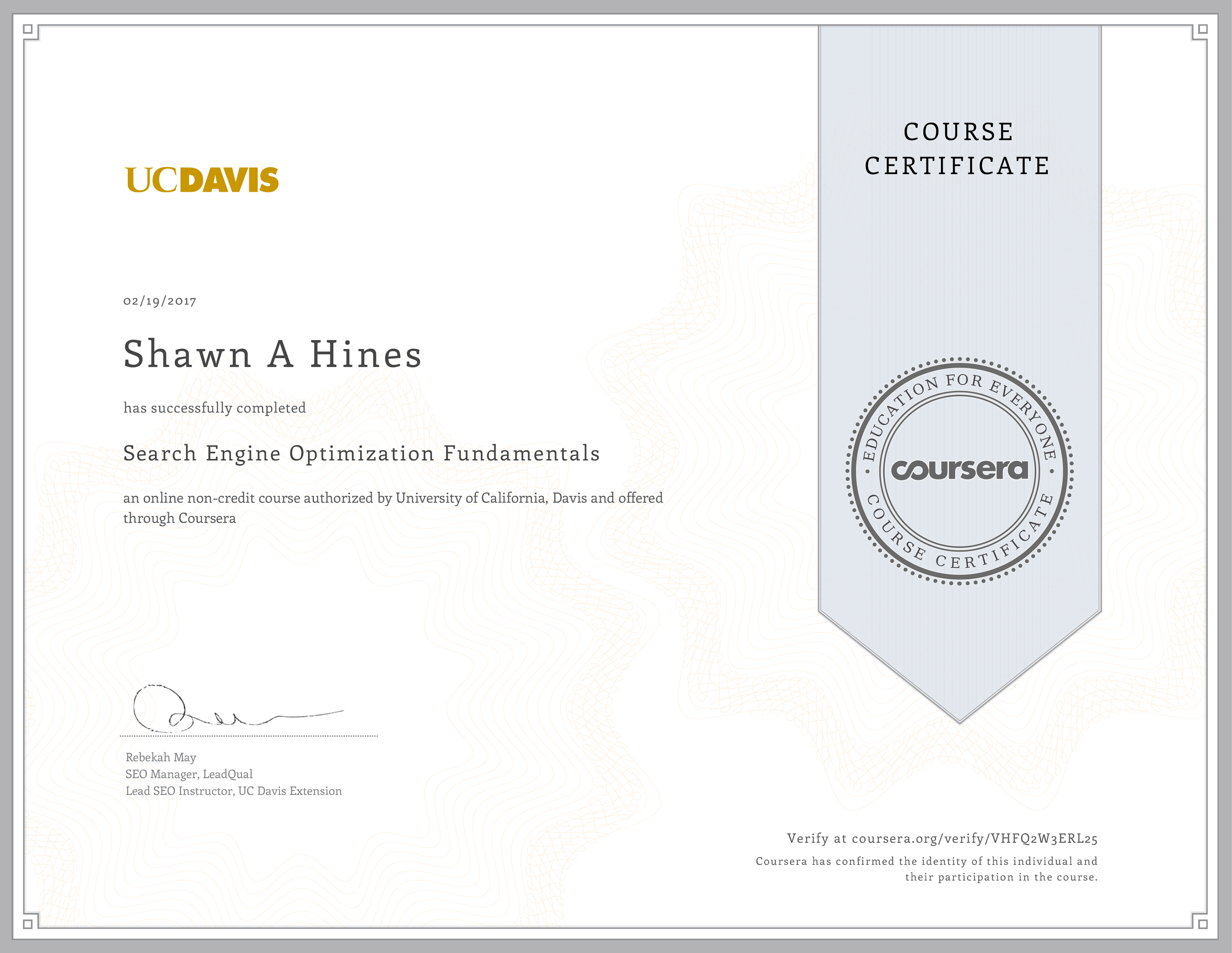 Search Engine Optimization Fundamentals - UC-Davis Extension on Coursera